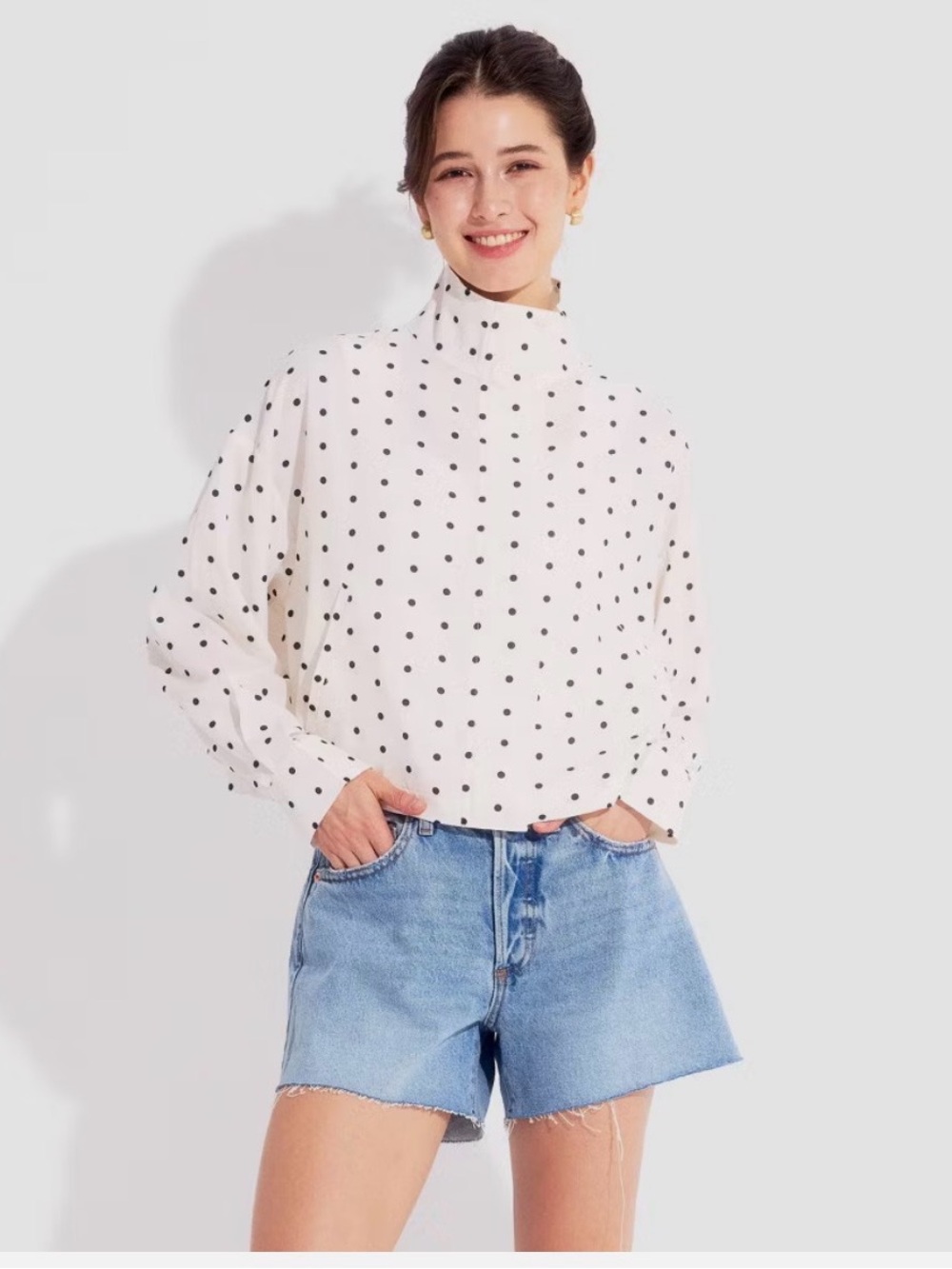 Women's Mock Neck Zip Jacket - Wild Fable Cream Polka Dots M